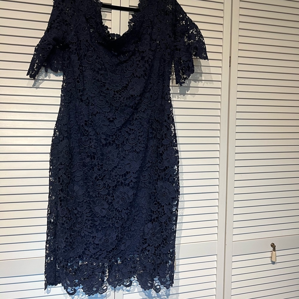 Navy blue, lace off the shoulder knee length pencil skirt dress
